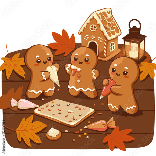 Charming gingerbread characters joyfully decorate a festive gingerbread house and sweet cookies, surrounded by vibrant autumn leaves on a cozy wooden table.