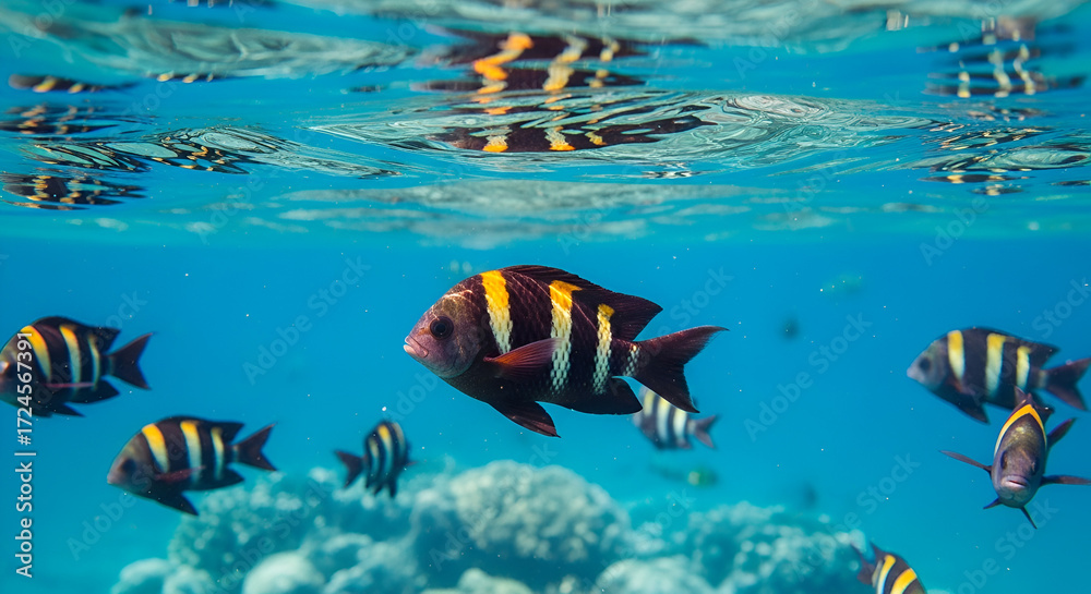 Fototapeta premium A kaleidoscope of colors as tropical fish of all shapes and sizes glide gracefully through the crystal-clear water. Illustration, Minimalism