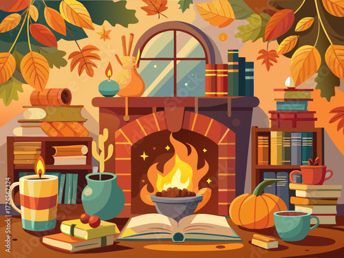 Cozy autumn vibes fireplace books warm illustration vector graphic scalable art design