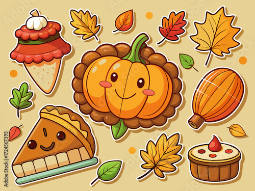 Cute autumn sticker pack vector illustration pumpkin pie acorn leaves kawaii fall graphics