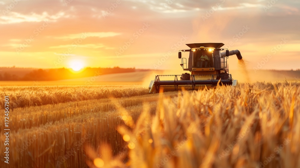 Fototapeta premium Combine harvester working in wheat field during sunset harvest