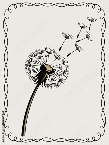 A simple dandelion flower in bloom with seed heads floating within a decorative frame