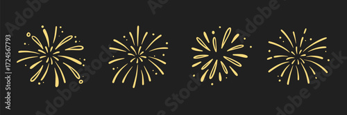 Firework new year set. Doodle firework sparkles for New Year celebration, golden burst and festive elements for birthday or party decor. Hand drawn style for a firework themed vector illustration