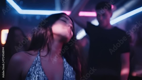 Young woman dancing energetically in a dimly lit nightclub with neon lights