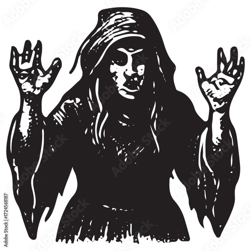 Witch Raising Hands for Ritual, Cosmic Power Symbol, Mystical Engraving Art