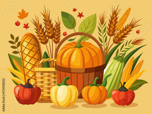 Vibrant autumn harvest vector illustration corn pumpkin wheat baskets leaves seasonal festivities