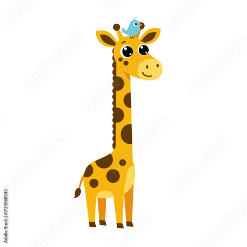 A giraffe is playing with a small bird on its head
