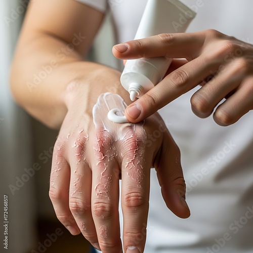 Application of soothing balm on affected skin of hand for relief, care