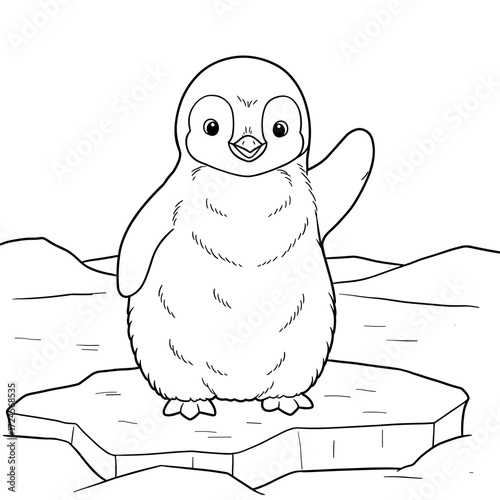 A fluffy cartoon baby penguin stands on an ice floe, waving with one flipper. Its cheerful face, rounded body, and icy landscape create a fun, child-friendly scene.