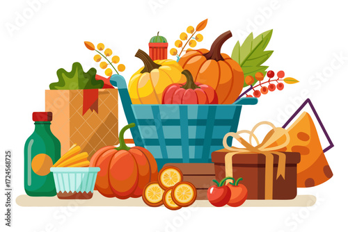 Thanksgiving harvest shopping cart illustration vector clipart pack scalable autumn festive food gifts