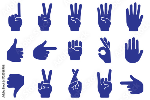 Hand gesture icons set counting from one to five. Black silhouette collection of finger signs.. Collection of hand gestures, icons, symbols, and signs in various minimalist graphic styles. eps 10