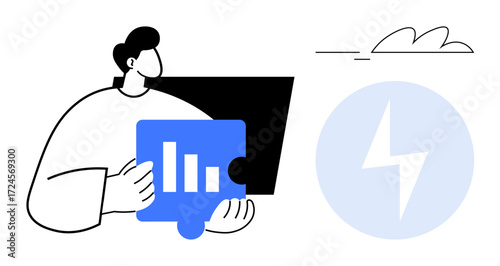 Person holding a blue puzzle piece displaying a bar chart, next to a lightning bolt and cloud. Ideal for business planning, data analysis, innovation, energy, teamwork, strategy technology. Simple