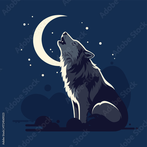 Vector of a gray wolf roaring against a moon background
