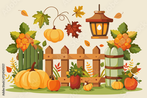 Charming autumn farmhouse fence clipart bundle with pumpkins lantern and fall foliage vector illustration