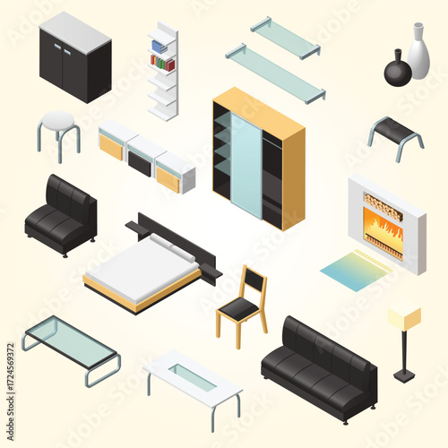 Isometric Modern Home Interior Furniture and Decoration Set Illustration