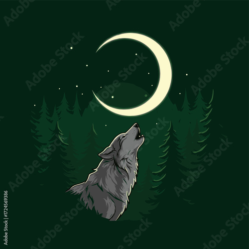 illustration of a gray wolf's head roaring on a green background