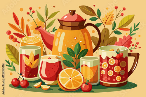 Cozy autumn harvest drinks set with teapot mugs cranberry tea and slices of fruit