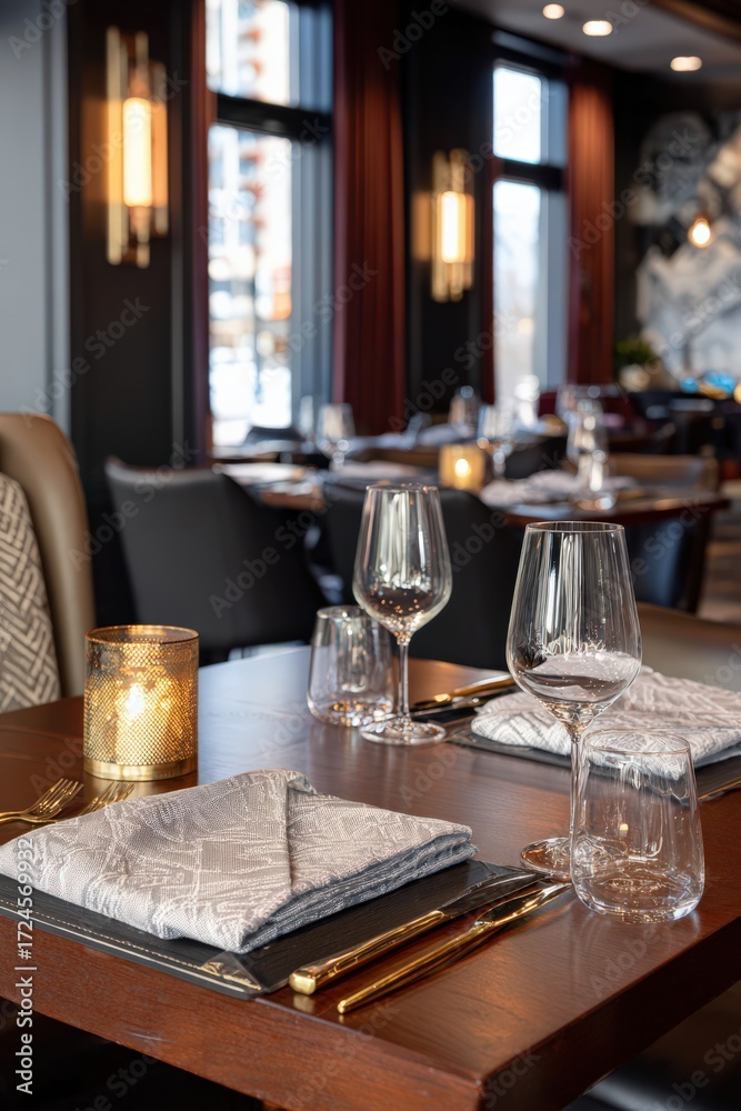 Fototapeta premium Luxurious Restaurant Interior with Elegant Table Setting for Two