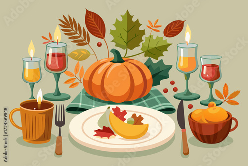 Vector thanksgiving table setting illustration with pumpkin dinnerware and festive autumn leaves and drinks
