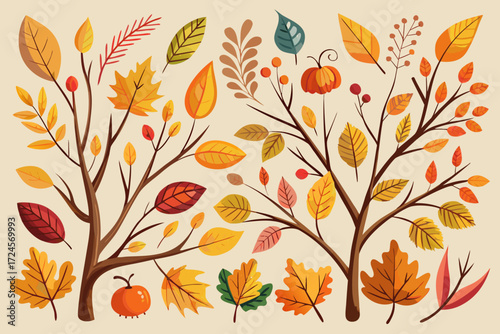 Vector collection of autumn branches bare with colorful falling leaves and pumpkins