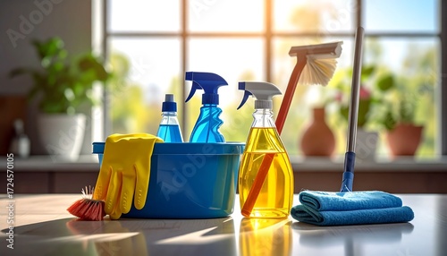 Cleaning supplies by a window