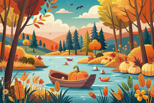 Vector lakeside autumn scene small boat with pumpkins and falling leaves scalable illustration