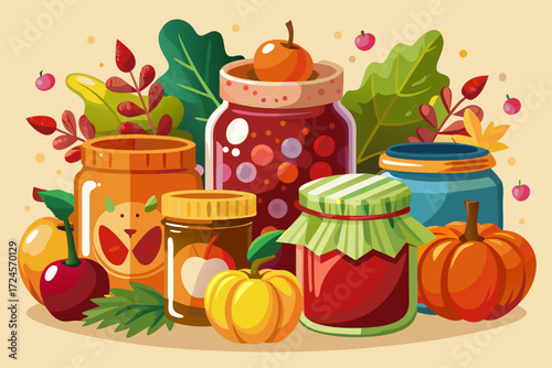 Vector illustration of assorted jars and preserves cranberry jam pumpkin fruits foods