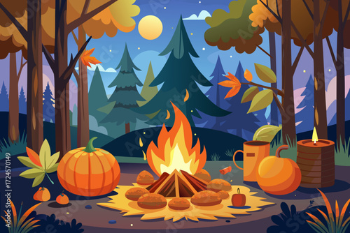 Vibrant autumn campfire scene vector illustration warm flames flickering under moonlit forest night