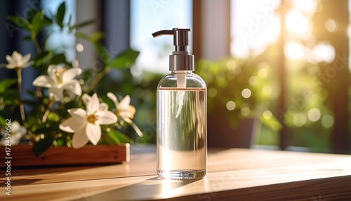 Clear bottle of liquid on a wooden surface