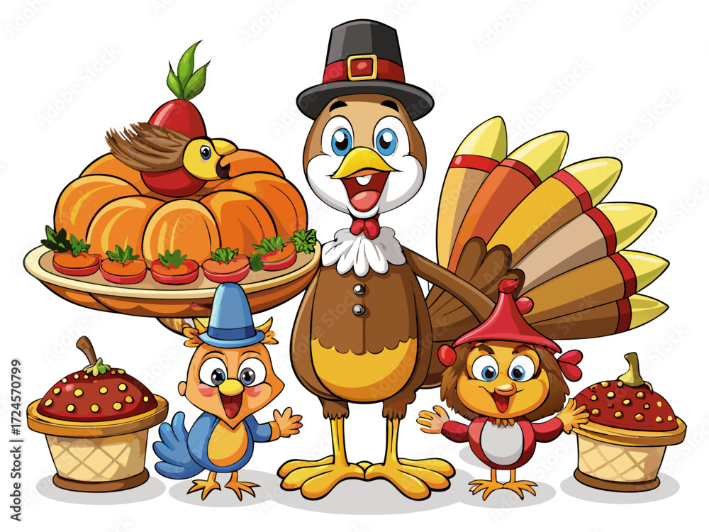 Naklejka premium Cute cartoon thanksgiving turkey vector illustration with festive foods and friends for scalable graphics