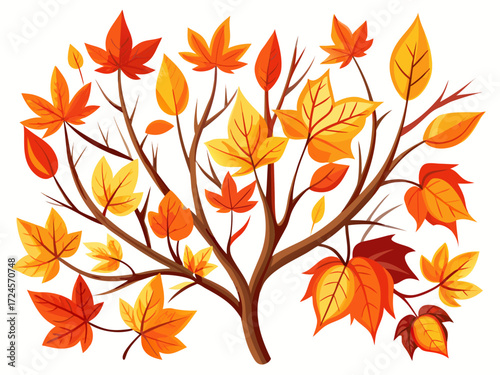 Vector collection of autumn tree branches with colorful falling maple leaves scalable illustration