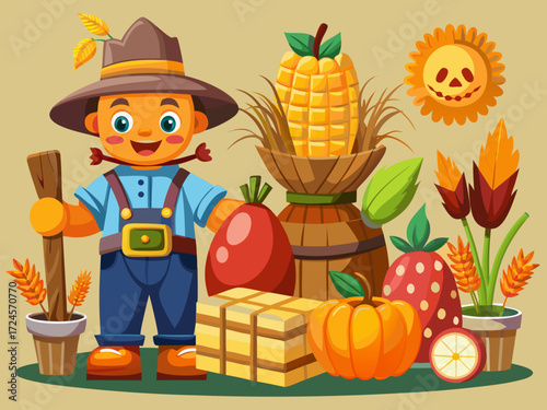 Charming cartoon scarecrow hay bales harvest vegetables autumn seasonal vector illustration graphic