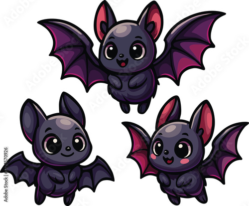 Editable EPS of three cute cartoon bats with big eyes and playful expressions, perfect for Halloween decorations, party invitations, posters, stickers, packaging, or fun seasonal graphic elements.