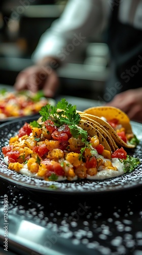 Close up of tacos on a plate with a chef in the background preparing another plate of tacos for serving
