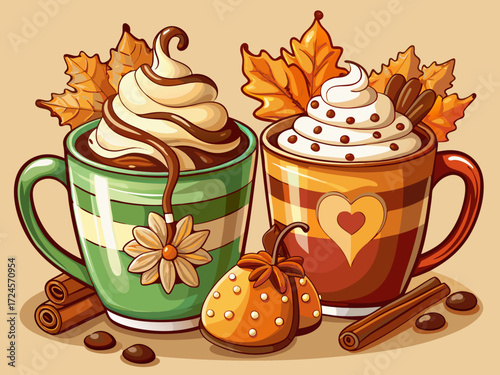 Vector clipart cozy autumn mugs whipped cream hot chocolate coffee delicious fall leaves cinnamon sticks warmth