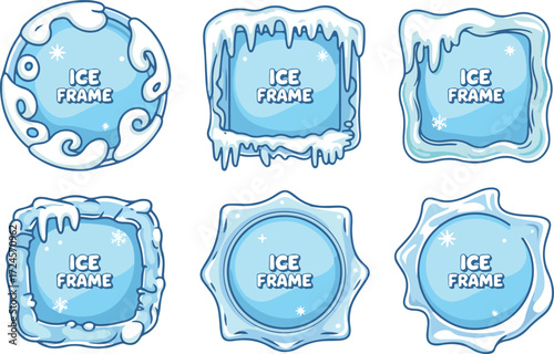 Cartoon collection of blue ice frames with various shapes for decorative designs and elements