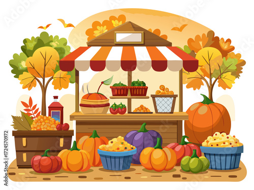 Charming vector illustration of a village market stall laden with fresh autumn produce and fall decorations