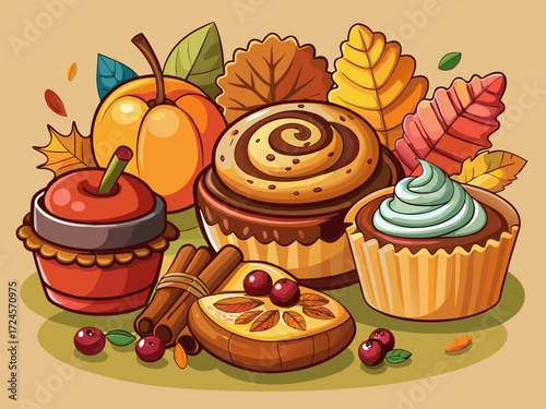 Vector illustration of a warm autumn dessert pack featuring cinnamon buns apple pie cupcakes and pumpkins