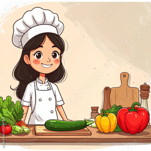 chef woman standing near a table with vegetables and cutting board, cartoon style