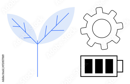 Leaf, gear, and battery diagram emphasizing energy efficiency, eco-technology, green power, and innovation. Ideal for sustainability, development, nature renewable energy eco-technology green