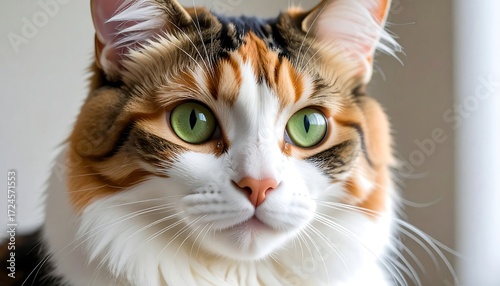 Close-up of a fluffy calico cat with bright green eyes