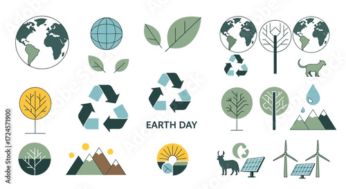Celebrate Earth Day with these vibrant nature and sustainability icons for eco friendly projects and green initiatives that promote environmental awareness