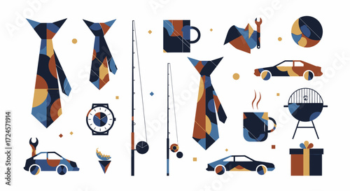 Celebrate Dad with this modern Father's Day pattern featuring ties, fishing rods, golf, cars, and gifts for a stylish, fun, and loving tribute