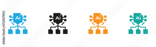 Visualize AI integration with clear, interconnected file structure icons in four distinct, professional color schemes, perfect for tech and business innovation.