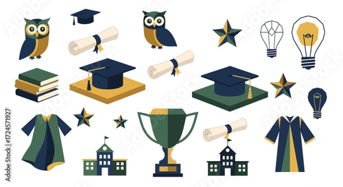 Celebrate academic achievements with this charming graduation elements collection perfect for school projects, invitations, and creating a celebratory atmosphere