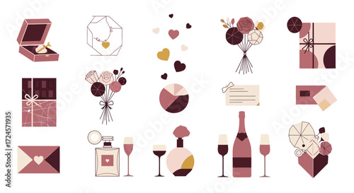 Elegant Valentine's Day gifts including jewelry, chocolate, champagne, flowers, and perfume create a romantic and intimate celebration on white background