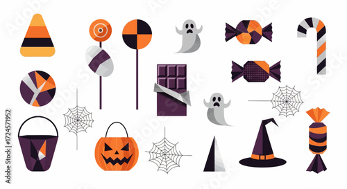 Spooky Halloween treats and decorations including ghosts, spiderwebs, candy, and a jack o lantern to add some spooky fun to your designs