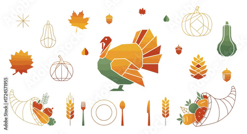 Celebrate Thanksgiving with vibrant geometric turkey, pumpkins, cornucopias and autumn leaves, perfect for seasonal greetings and festive decorations