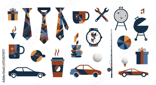 Celebrate Father's Day with gifts, coffee, grilling, golf, and cars, a modern geometric design that captures the essence of dad's favorite things