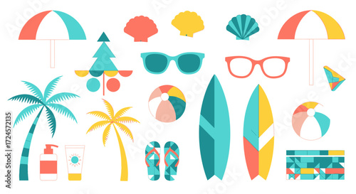 Dreaming of a sunny beach vacation with colorful surfboards, palm trees, and seashells for a relaxed summer getaway, fun tropical vibes included